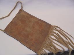 BEADED BAG WITH "US INDIAN SERVICE" BRASS BUTTON-16 INCHES WITH LEATHER STRIPS