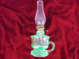 ANTIQUE MINI KEROSENE LAMP IN GREEN GLASS "LITTLE JEWEL"