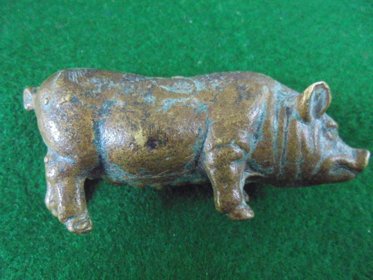 SMALL OLD BRASS PIG---SOME GREEN PATINA