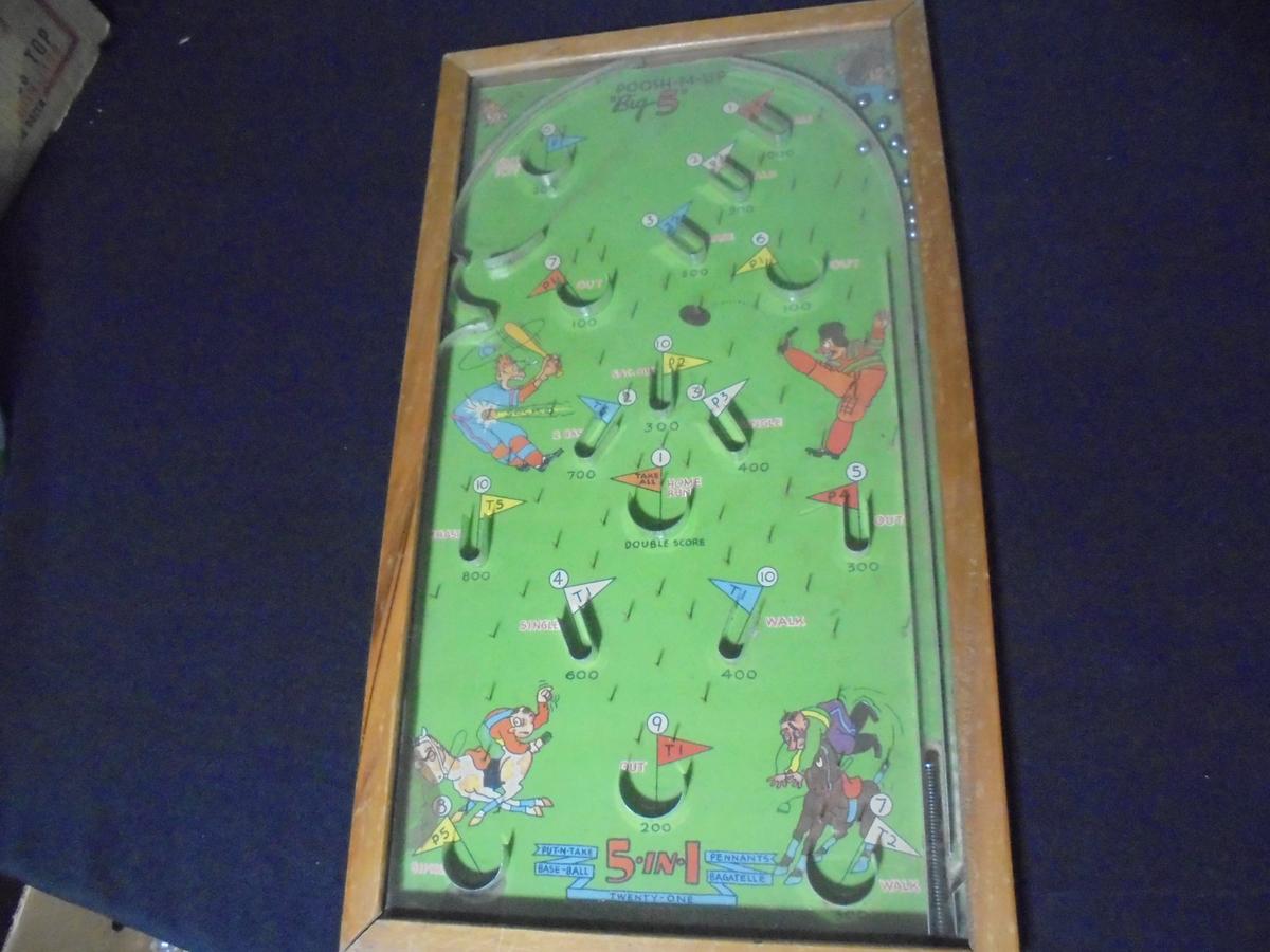 OLD "PUSH-M-UP' BIG FIVE PIN BALL MECHANICAL GAME-13 1/4 BY 23 1/4 INCHES