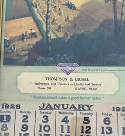 1928 - "THOMPSON & BICHEL - IMPLEMENTS & TRACTORS - WAYNE, NEBRASKA" IH ADVERTISING CALENDAR