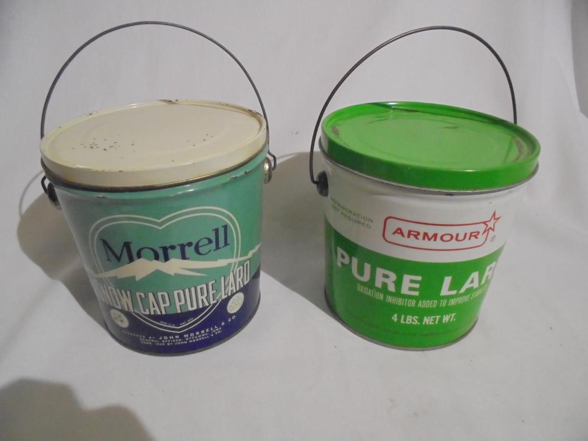(2) OLD ADVERTISING METAL PAILS OR TINS WITH LIDS-"ARMOUR & MORRELL" BRAND