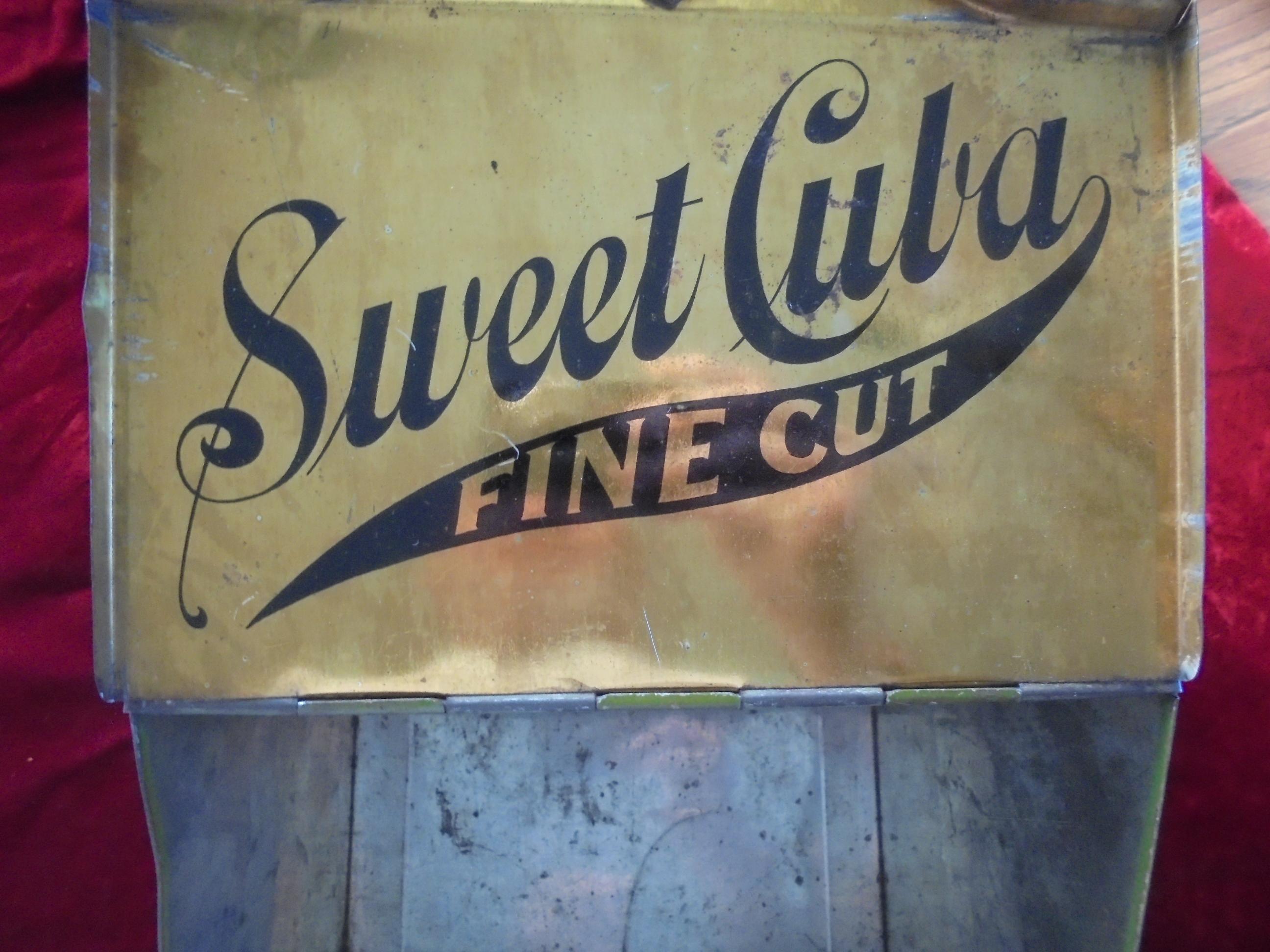 ANTIQUE "SWEET CUBA FINE CUT TOBACCO" GENERAL STORE COUNTER DISPLAY TIN-QUITE GRAPHIC ADVERTISING