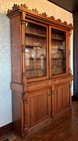 IMPRESSIVE ANTIQUE WOODEN STEP BACK BOOK CASE/ CUPBOARD HUTCH - OVER 8 FEET TALL!