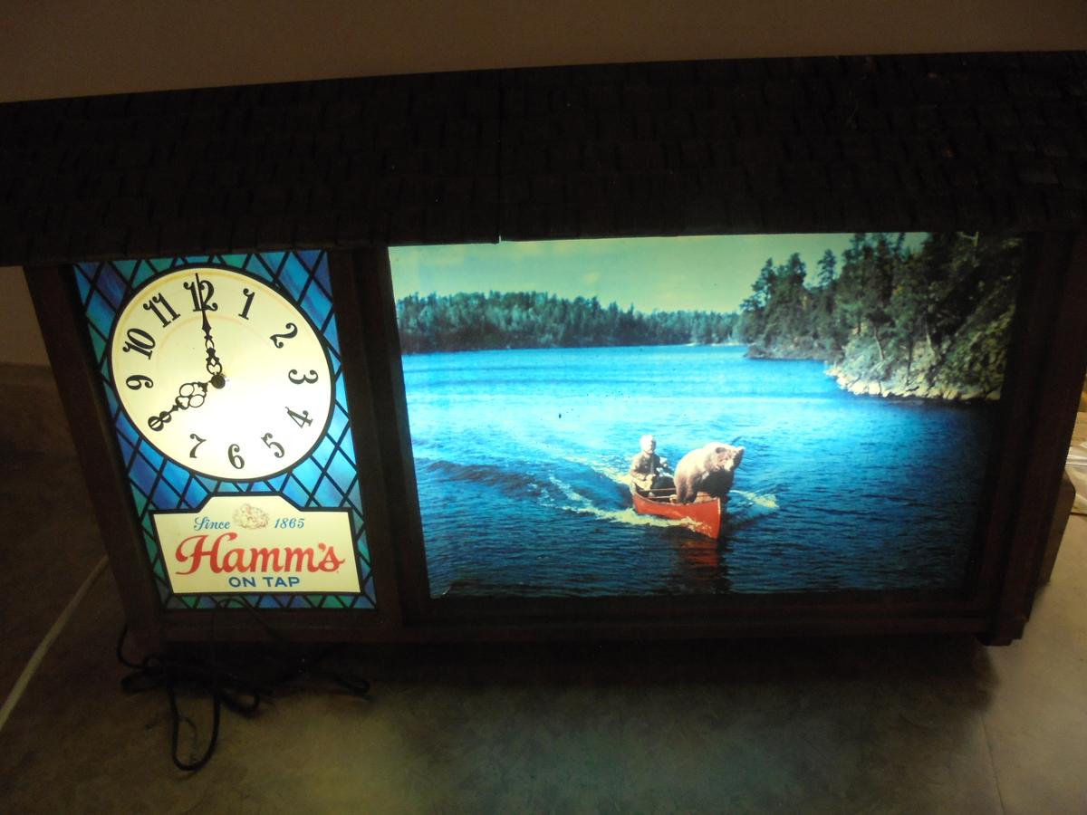 VINTAGE "HAMM'S BEER" LIGHT UP SIGN AND CLOCK-WORKING