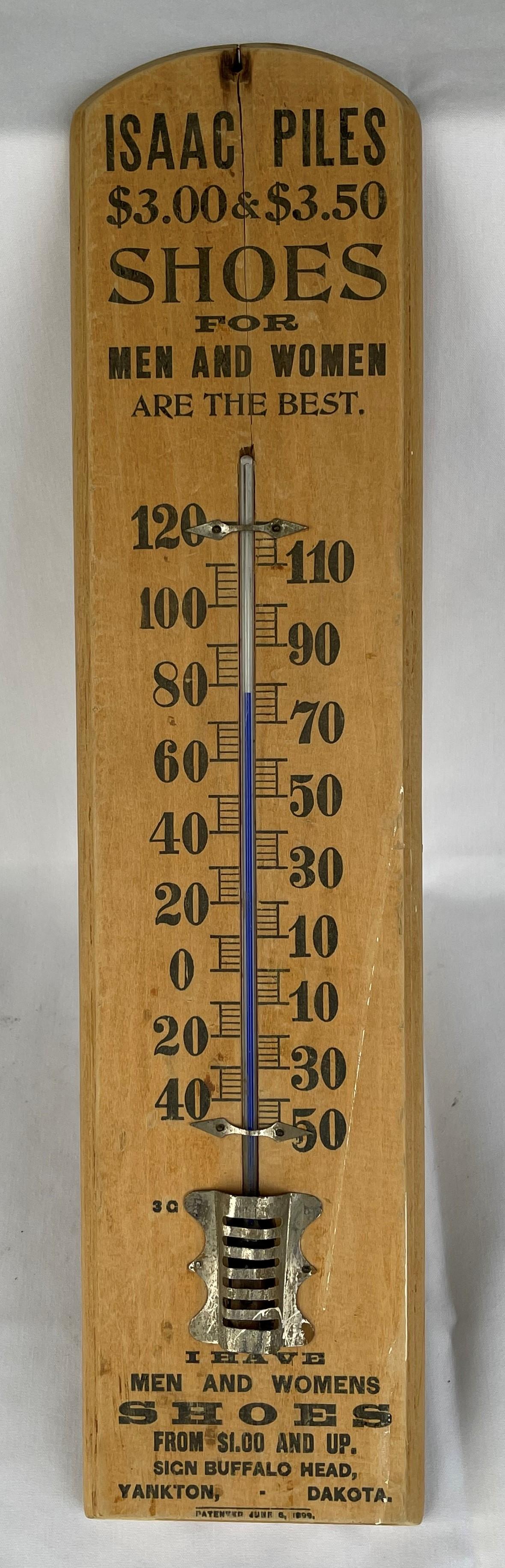 GREAT VINTAGE "ISAAC PILES SHOES - YANKTON, SO. DAKOTA" WOODEN ADVERTISING THERMOMETER