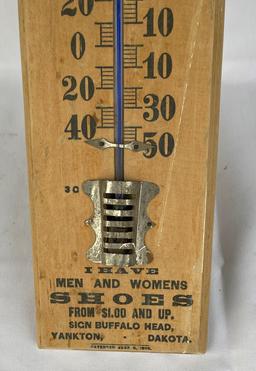 GREAT VINTAGE "ISAAC PILES SHOES - YANKTON, SO. DAKOTA" WOODEN ADVERTISING THERMOMETER