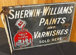 VINTAGE SHERWIN-WILLIAMS PAINTS & VARNISHES PORCELAIN SIGN FLANGE