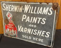 VINTAGE SHERWIN-WILLIAMS PAINTS & VARNISHES PORCELAIN SIGN FLANGE