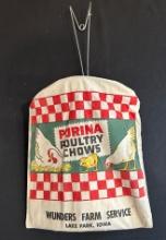 NOS - PURINA POULTRY CHOWS CLOTHES PIN BAG - "WUNDERS FARM SERVICE - LAKE PARK IOWA"