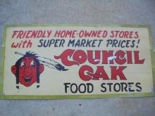 OLD "COUNCIL OAK FOOD STORE" SIGN WITH INDIAN GRAPHIC