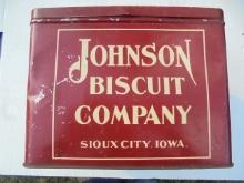 OLD "JOHNSON BISCUIT COMPANY" CAFE SODA CRACKER ADVERTISING TIN-RED-SIOUX CITY IOWA