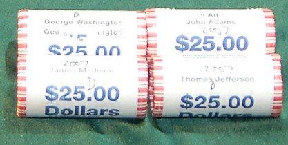 2007 President Dollar Coins in $25 Roll W/ Jefferson, Madison, Washington, Adams (4 Rolls total)