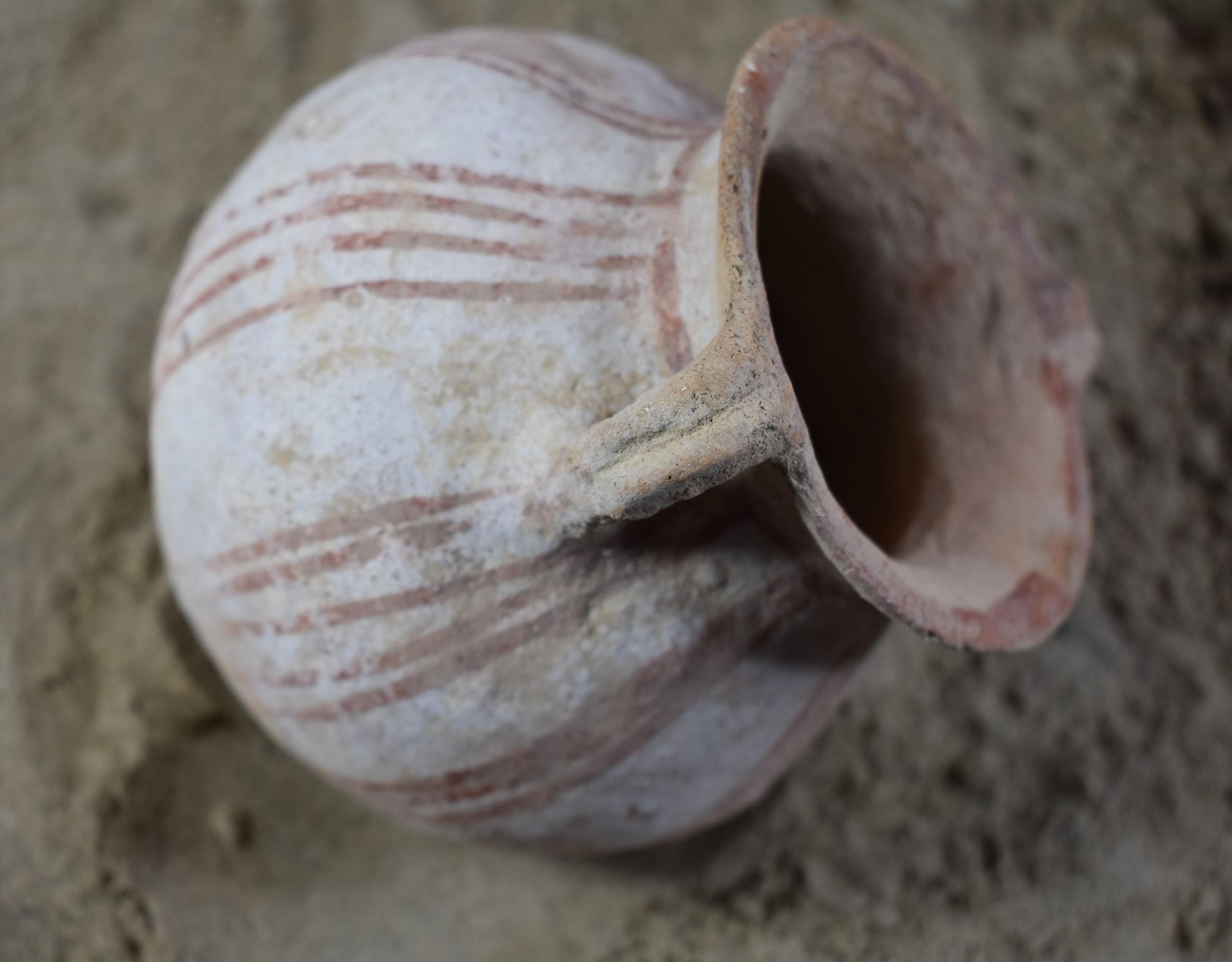 Early Bronze I Age  Painted Bowls with Handles w/ Red Stripes on White Slips