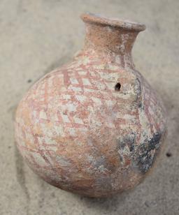 Early Bronze I Age Red Cross Hatched, High-Mouthed Jar with Pierced Lug Handles