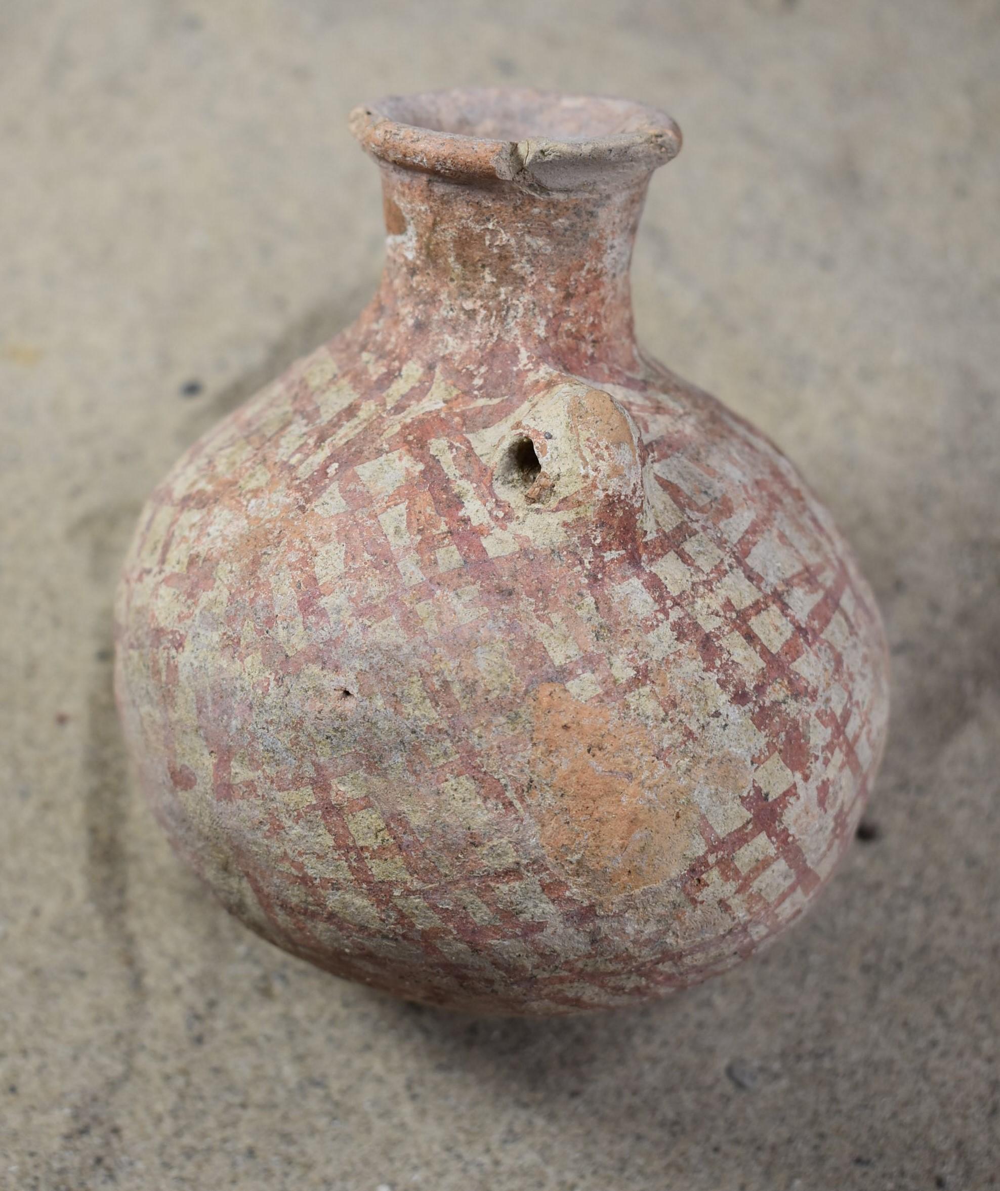 Early Bronze I Age Red Cross Hatched, High-Mouthed Jar with Pierced Lug Handles