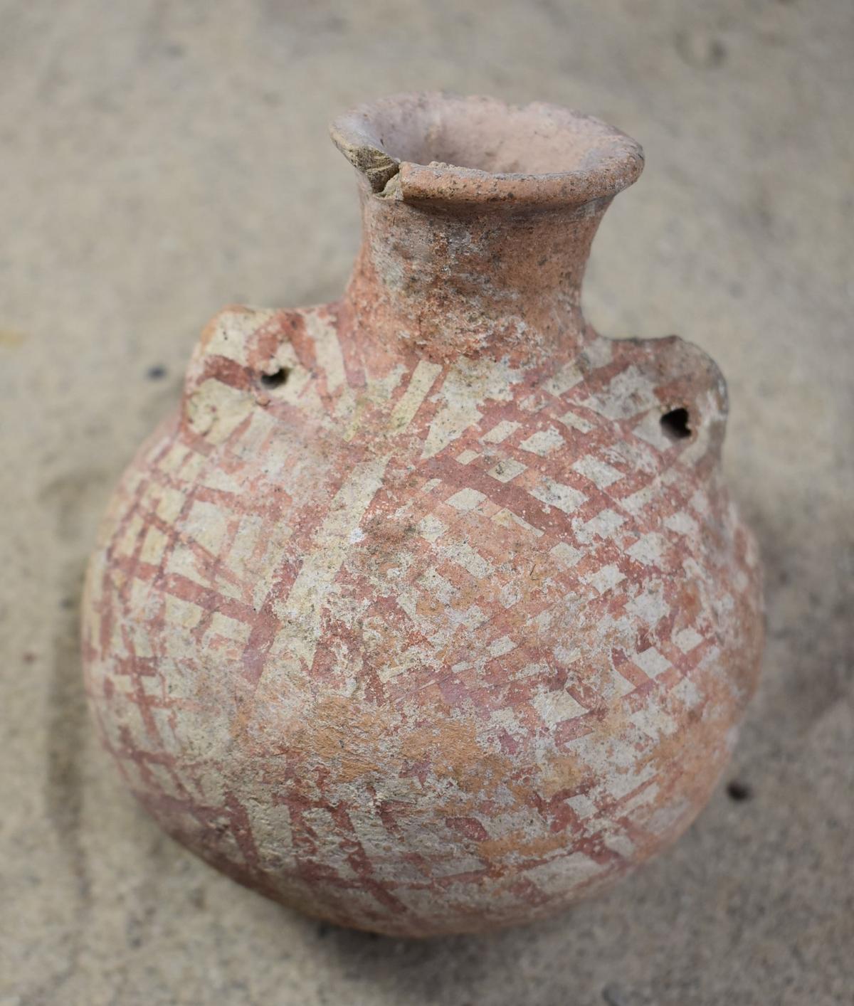 Early Bronze I Age Red Cross Hatched, High-Mouthed Jar with Pierced Lug Handles