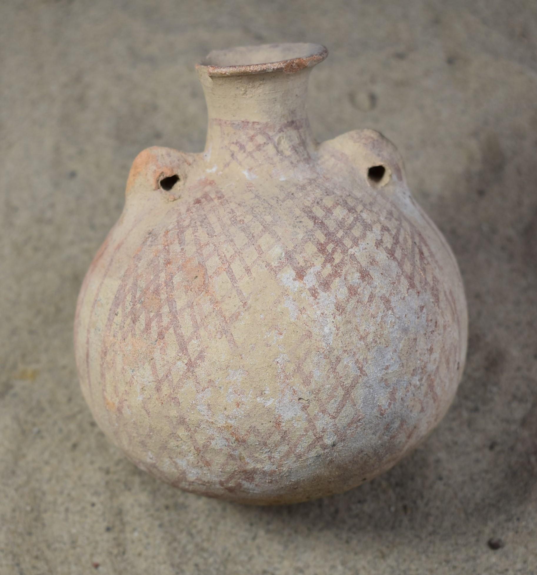 Early Bronze I Age Red Cross Hatched, High-Mouthed Jar with Pierced Lug Handles