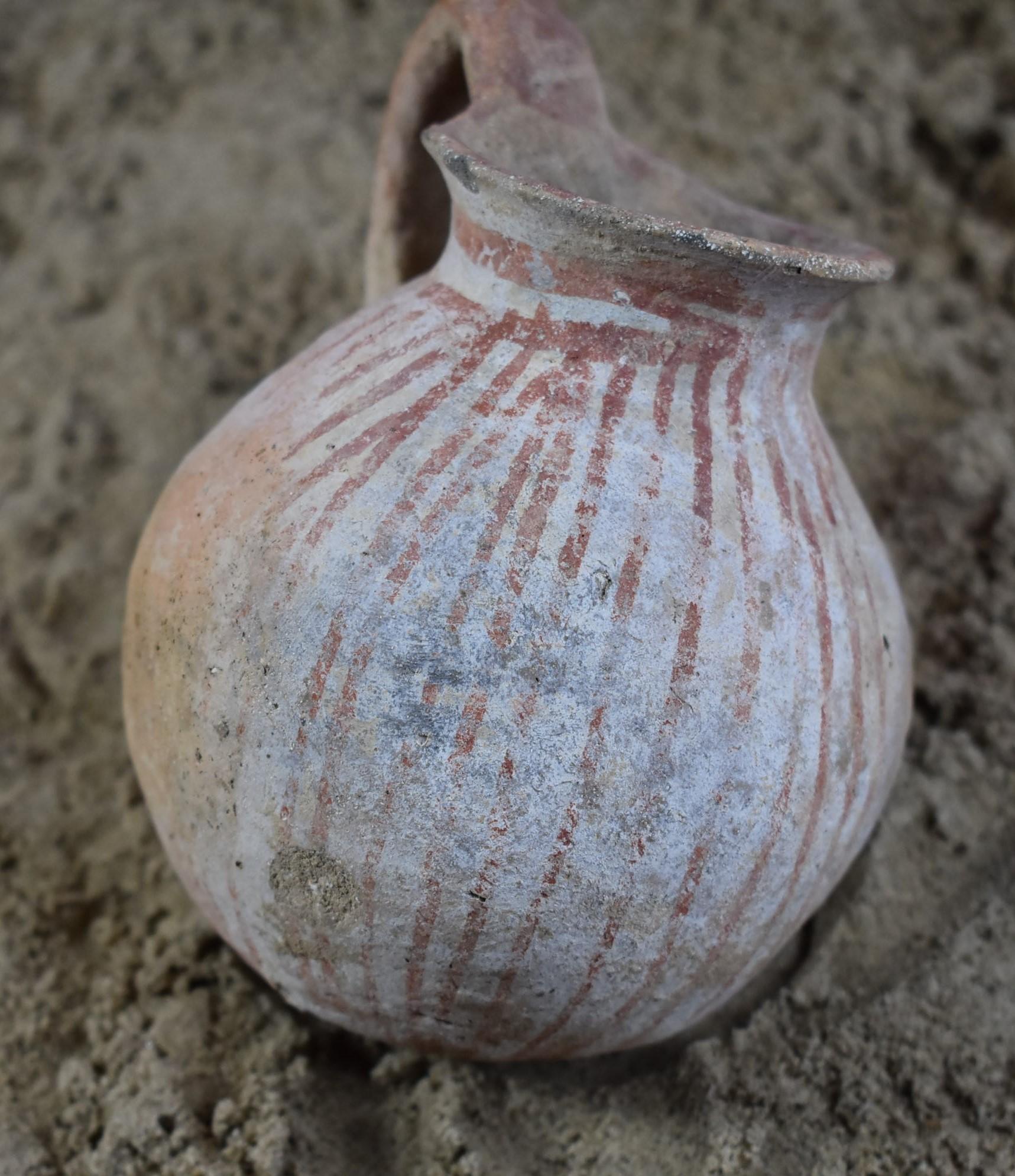 Early Bronze I Age High Handle Cup, Red Stripes on White Slip