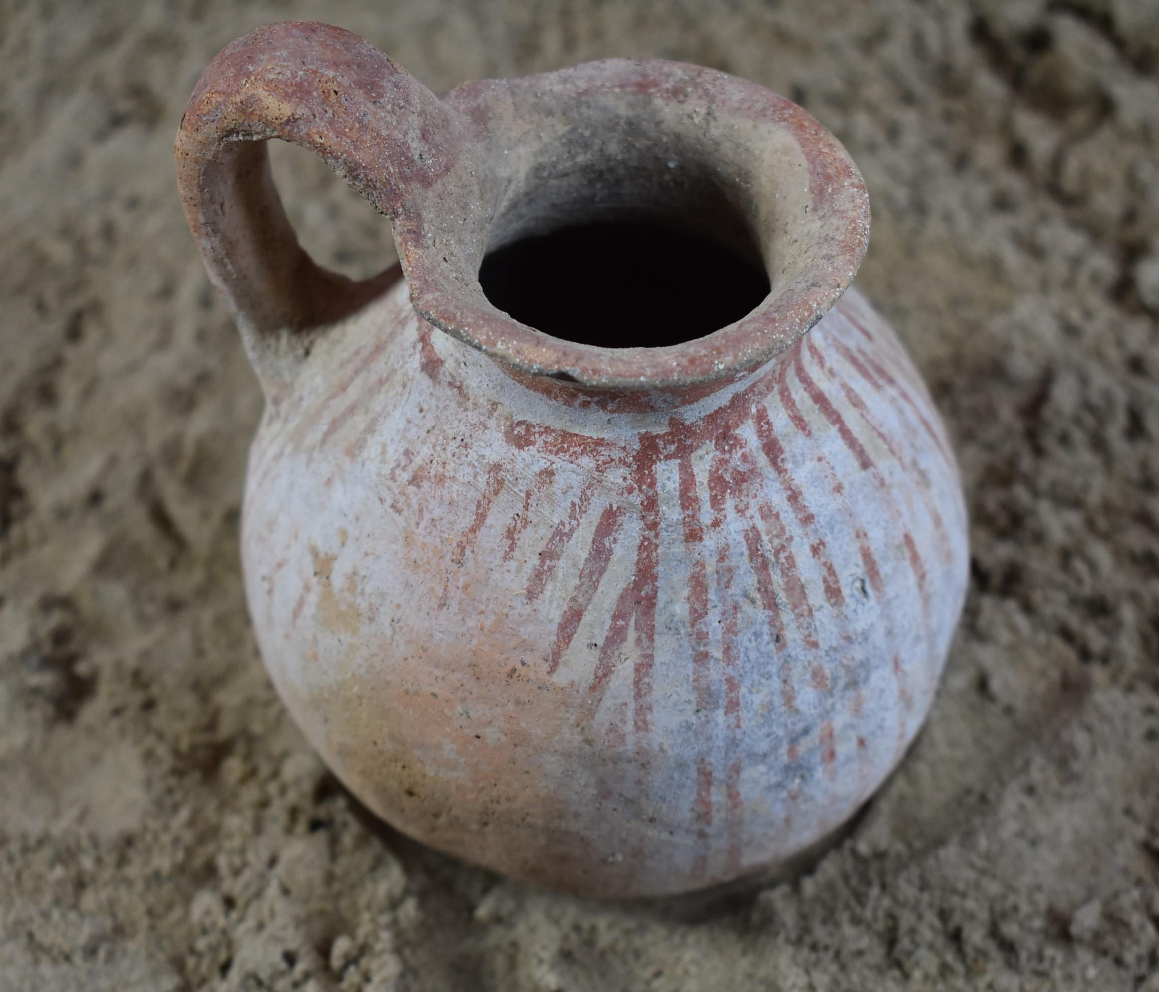 Early Bronze I Age High Handle Cup, Red Stripes on White Slip