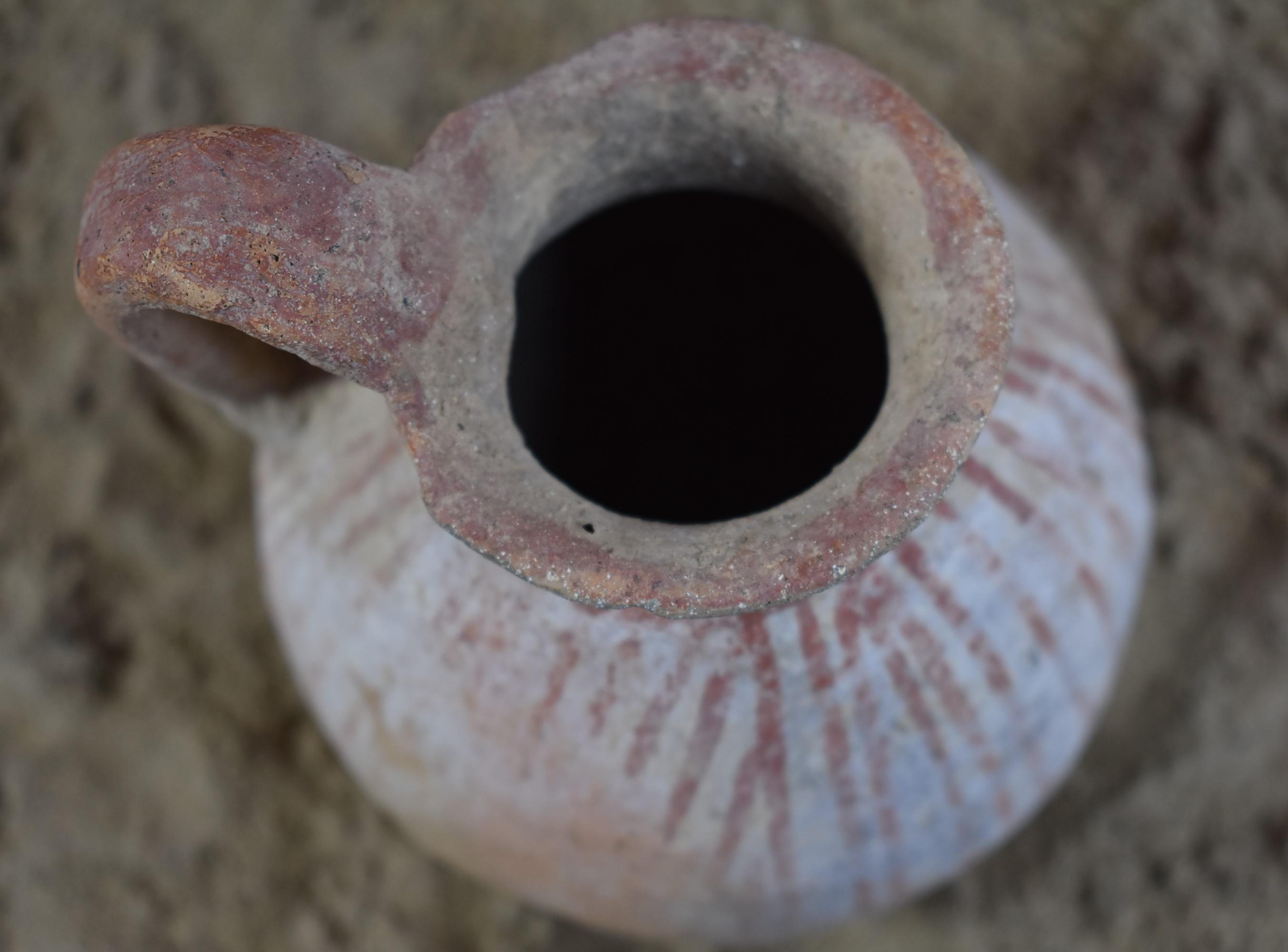Early Bronze I Age High Handle Cup, Red Stripes on White Slip