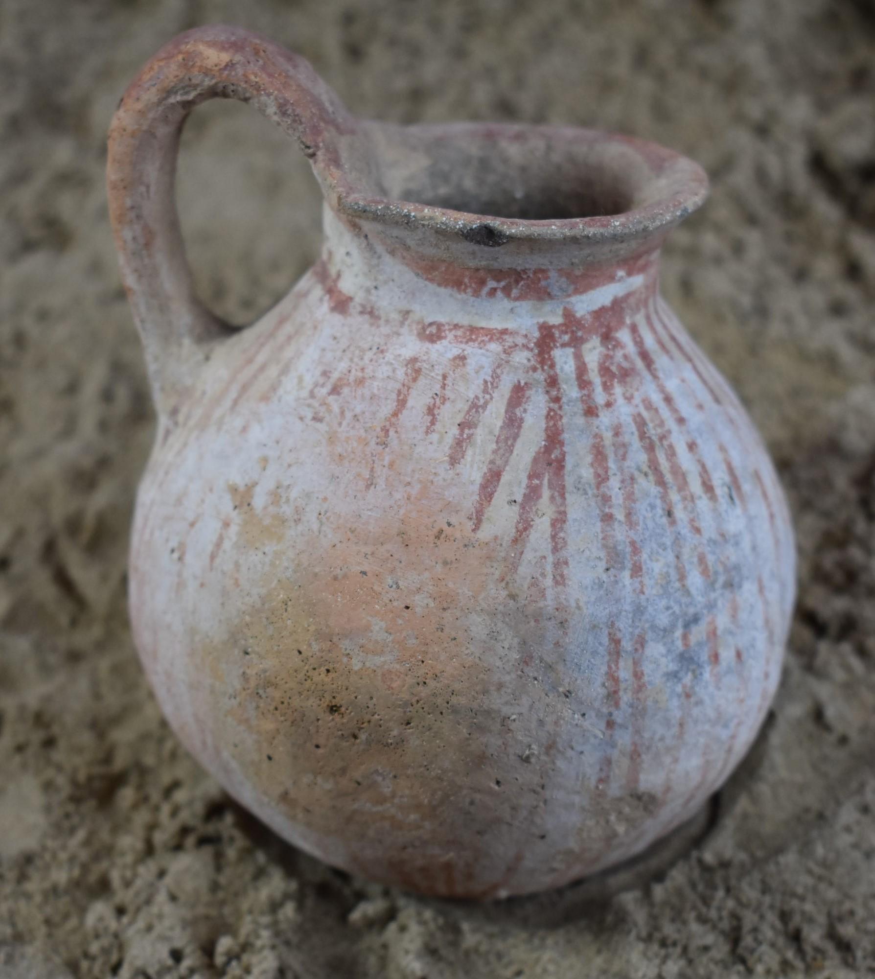 Early Bronze I Age High Handle Cup, Red Stripes on White Slip