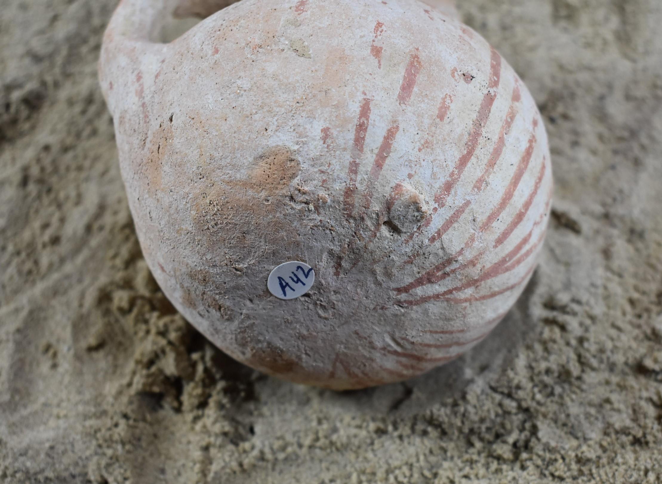 Early Bronze I Age  Painted High-Handle Cup w/ Red Stripes on White Slips