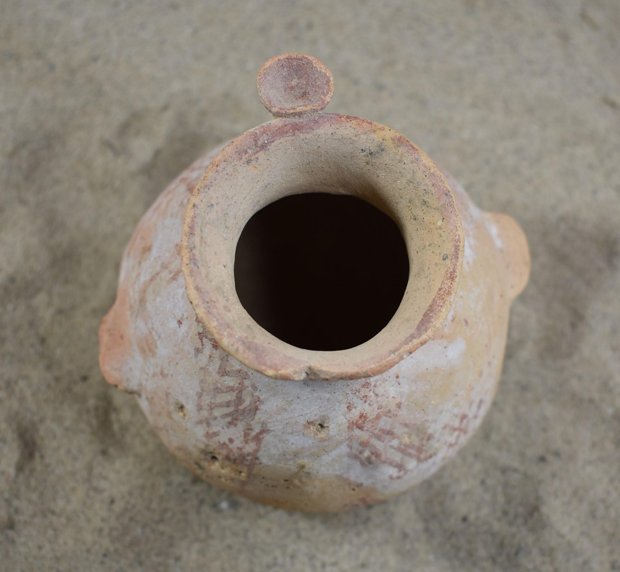 Early Bronze I Age Painted High Spout Teapot with Ledge-Ear Handles