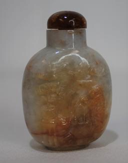 Antique Chinese Carved Jadeite Snuff Bottle With White & Rustic Brown Figural Scenes