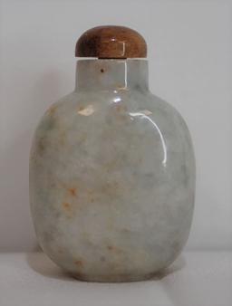 Antique Chinese Carved Jadeite Snuff Bottle With White & Rustic Brown Figural Scenes