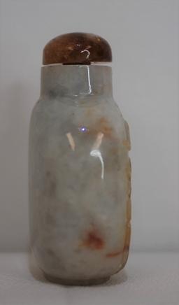 Antique Chinese Carved Jadeite Snuff Bottle With White & Rustic Brown Figural Scenes