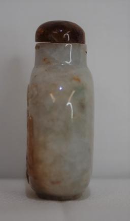 Antique Chinese Carved Jadeite Snuff Bottle With White & Rustic Brown Figural Scenes