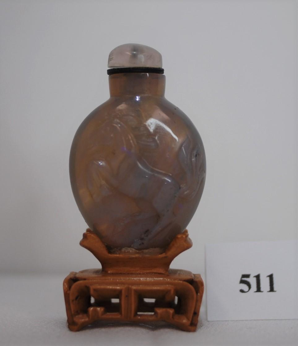 Early 20th Century Small Chinese Carved Translucent Pearly Grey Opal Snuff Bottle