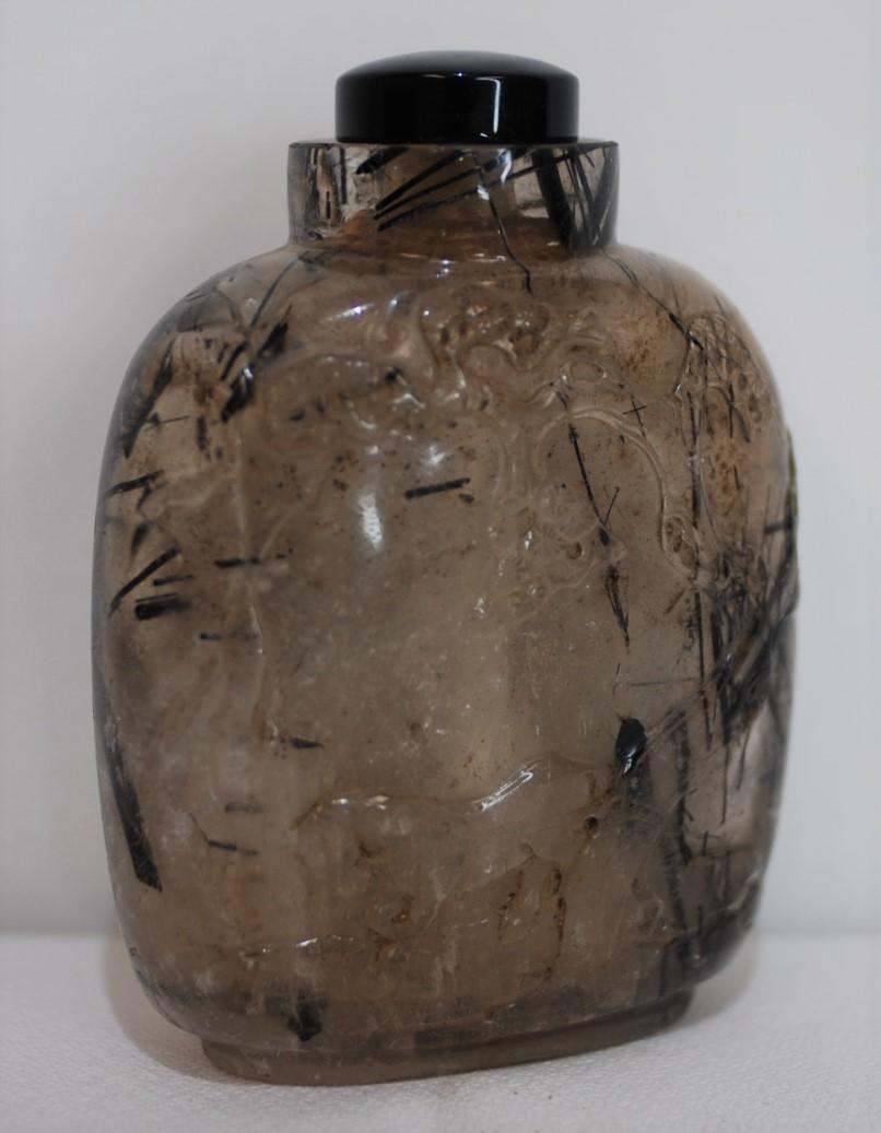 Chinese Snuff Bottle in Crystal with Black Inclusions
