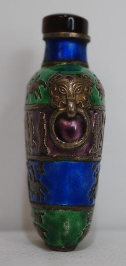 Chinese Snuff Bottle Enamel Over Brass Blue & Green