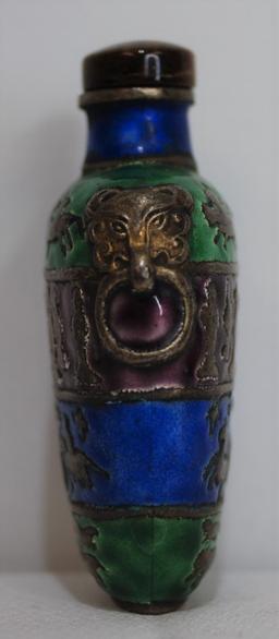 Chinese Snuff Bottle Enamel Over Brass Blue & Green