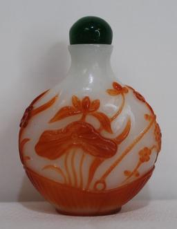 Chinese Snuff Bottle White Glass W/ Auburn Floral Overlay