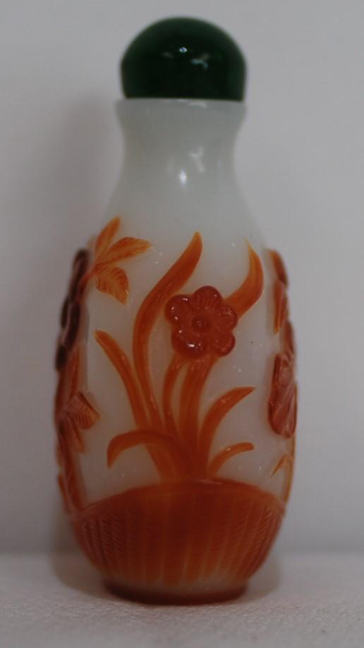 Chinese Snuff Bottle White Glass W/ Auburn Floral Overlay