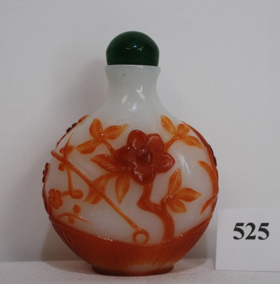 Chinese Snuff Bottle White Glass W/ Auburn Floral Overlay