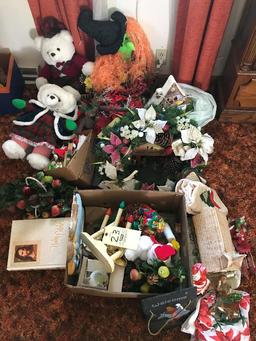 Assorted Holiday Decor, Candle Lights, Wreath, Hard Plastic Santa, Nativity