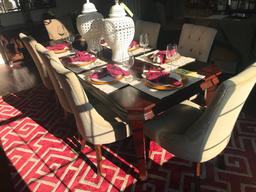 Dining table w/ 8 upholstered chairs, and extra leaf