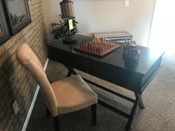 Wood lift-top desk 50"x24" w/ chair, chess set, light