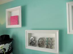 (7) Shadow boxes with clock, letters, jars and frame