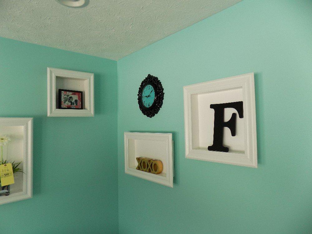 (7) Shadow boxes with clock, letters, jars and frame