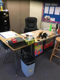 Teacher's desk, side table and chair (contents not included)