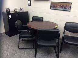 Table with four chairs, metal filing cabinet, wooden storage cabinet. Contents not included