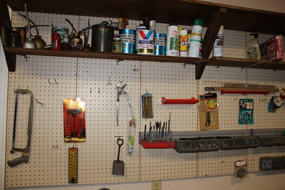 Contents of peg board incl.: hand tools & bolt stock