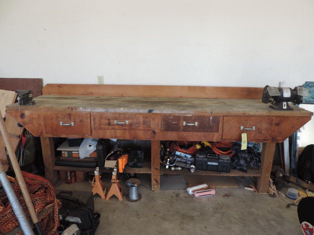 Large Workbench With Vise & Grinder *Grinder Needs Brushes*