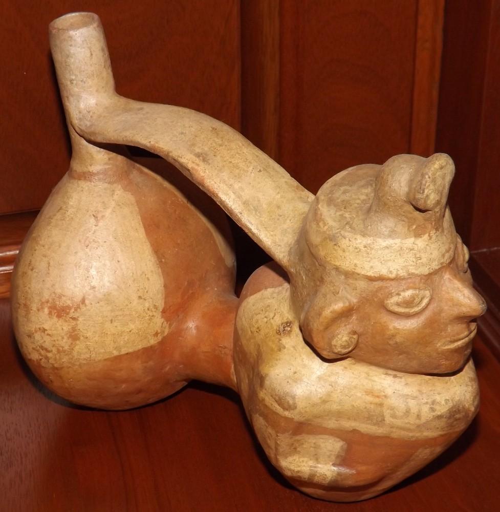 Peru Stirrup Vessel, Face Figure, 7 1/2" Long x 6 1/2" Tall x 4 1/4" Wide, Pottery