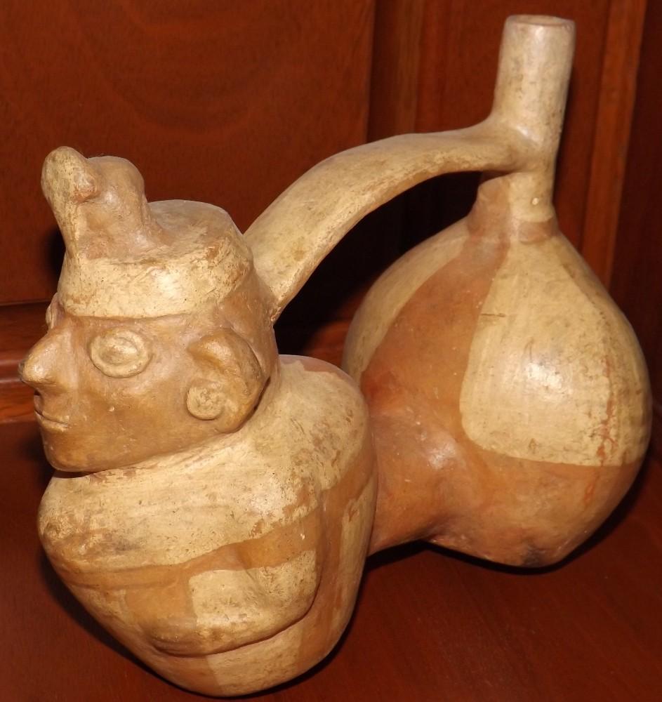 Peru Stirrup Vessel, Face Figure, 7 1/2" Long x 6 1/2" Tall x 4 1/4" Wide, Pottery